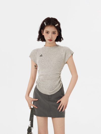 Grey Knit Short Sleeve Women's T-Shirt Spring Summer Slim Fit Waist Shaping Innerwear Half-High Collar Top
