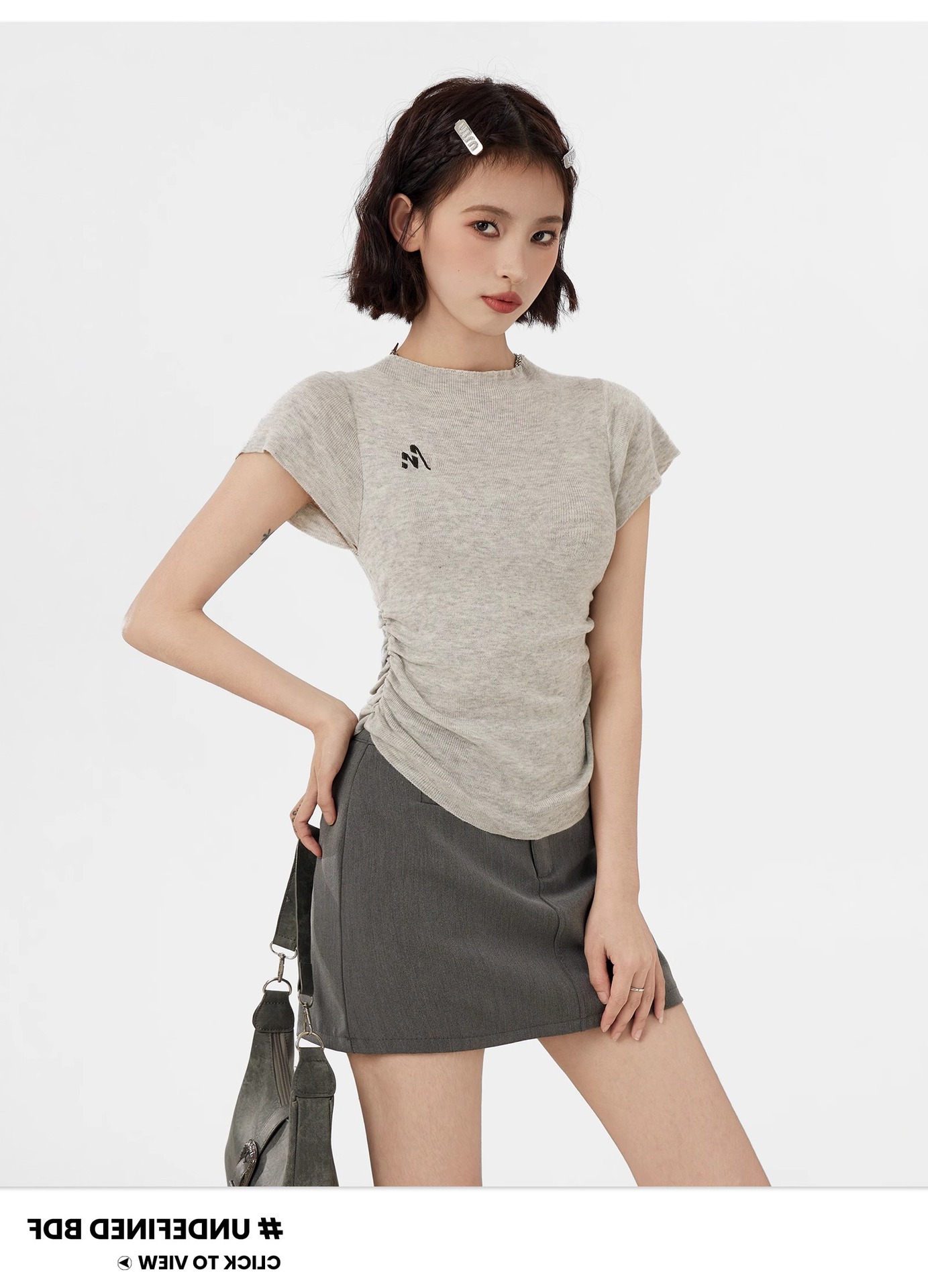 Grey Knit Short Sleeve Women's T-Shirt Spring Summer Slim Fit Waist Shaping Innerwear Half-High Collar Top