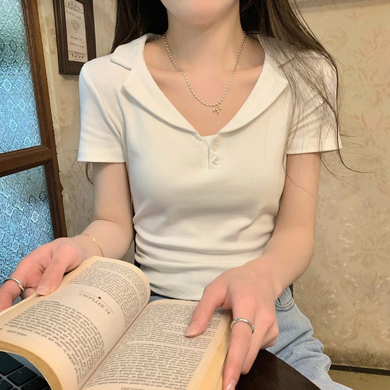 Pure White Collar-Exposed Short Sleeve T-Shirt for Women's Summer 2024 New Style