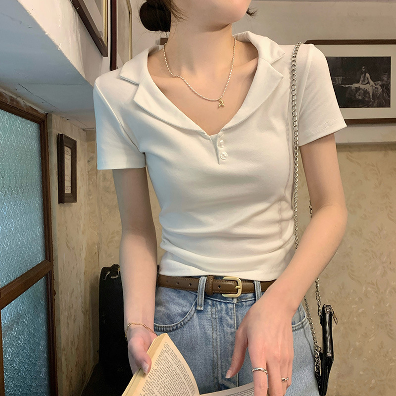 Pure White Collar-Exposed Short Sleeve T-Shirt for Women's Summer 2024 New Style