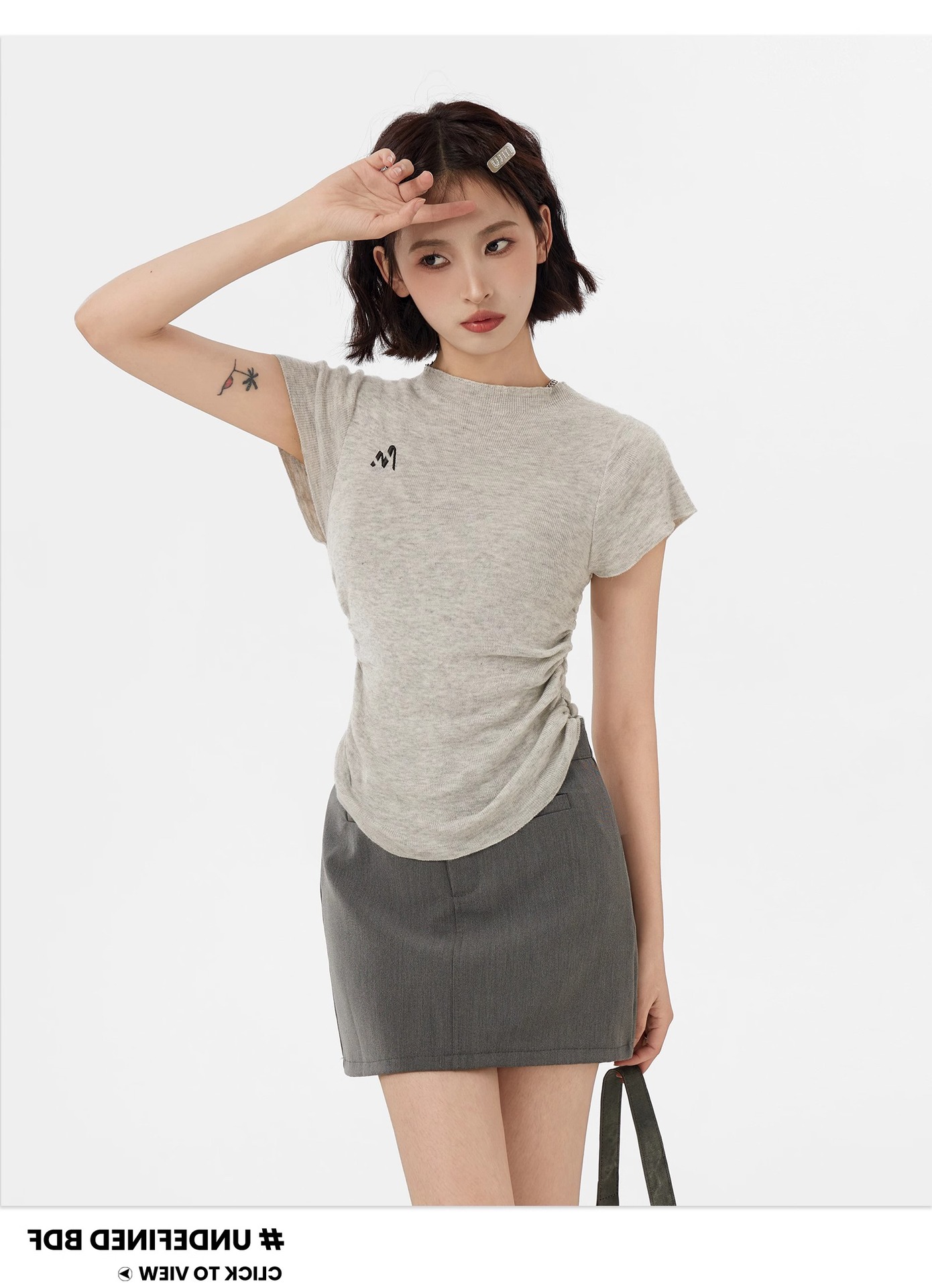 Grey Knit Short Sleeve Women's T-Shirt Spring Summer Slim Fit Waist Shaping Innerwear Half-High Collar Top