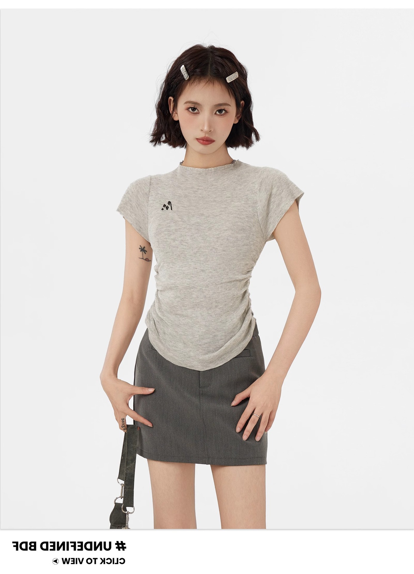 Grey Knit Short Sleeve Women's T-Shirt Spring Summer Slim Fit Waist Shaping Innerwear Half-High Collar Top