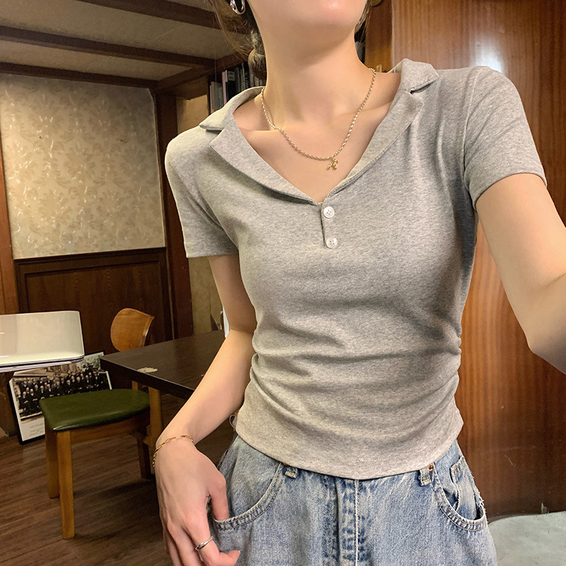 Pure White Collar-Exposed Short Sleeve T-Shirt for Women's Summer 2024 New Style