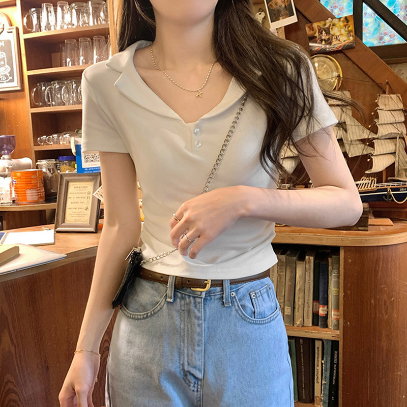 Pure White Collar-Exposed Short Sleeve T-Shirt for Women's Summer 2024 New Style