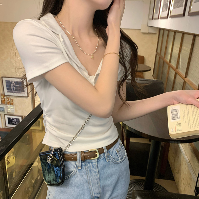 Pure White Collar-Exposed Short Sleeve T-Shirt for Women's Summer 2024 New Style