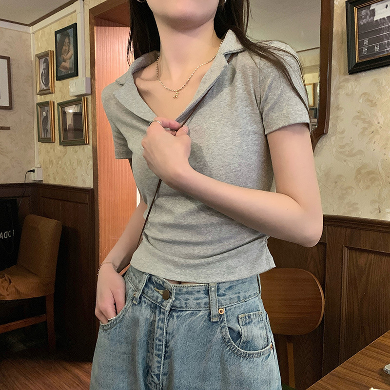 Pure White Collar-Exposed Short Sleeve T-Shirt for Women's Summer 2024 New Style