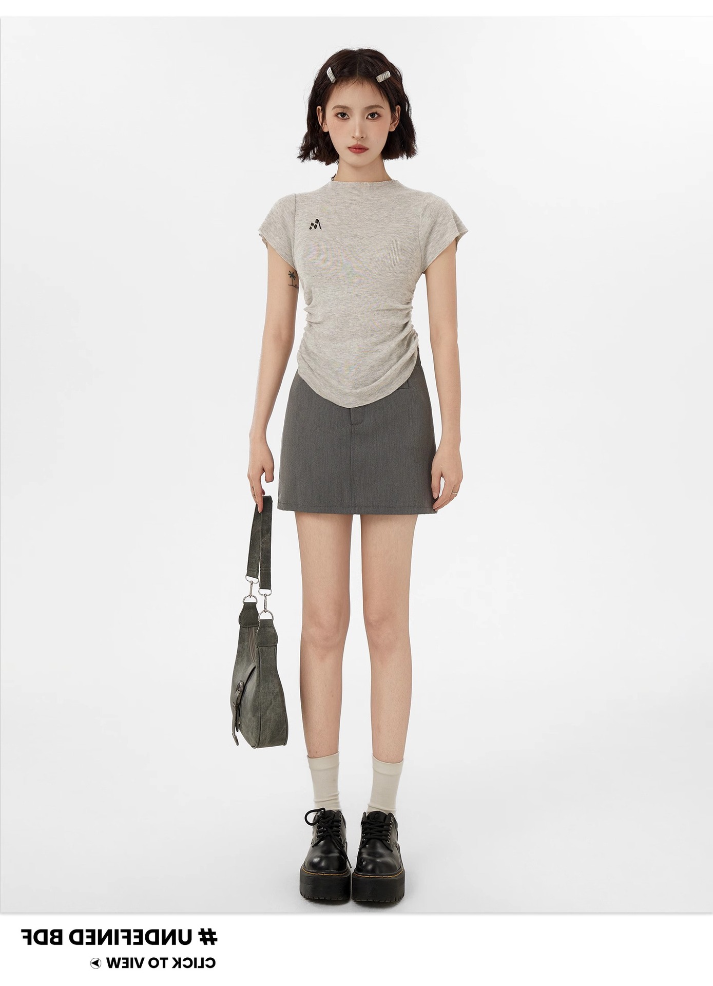 Grey Knit Short Sleeve Women's T-Shirt Spring Summer Slim Fit Waist Shaping Innerwear Half-High Collar Top
