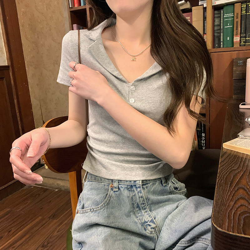 Pure White Collar-Exposed Short Sleeve T-Shirt for Women's Summer 2024 New Style