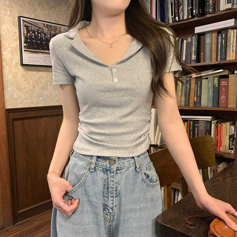 Pure White Collar-Exposed Short Sleeve T-Shirt for Women's Summer 2024 New Style