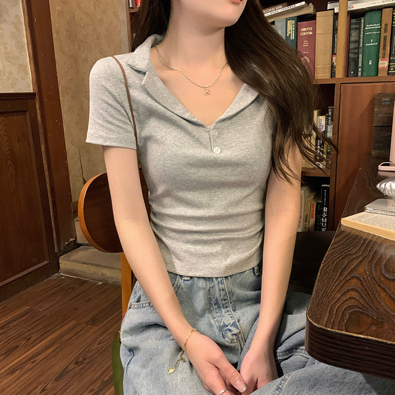 Pure White Collar-Exposed Short Sleeve T-Shirt for Women's Summer 2024 New Style