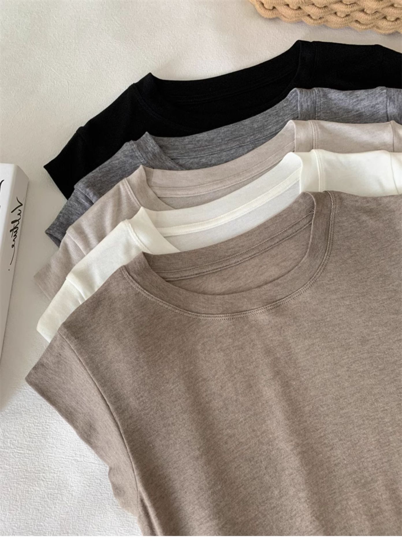 Oatmeal Round Neck Cotton Sleeveless T-Shirt for Women