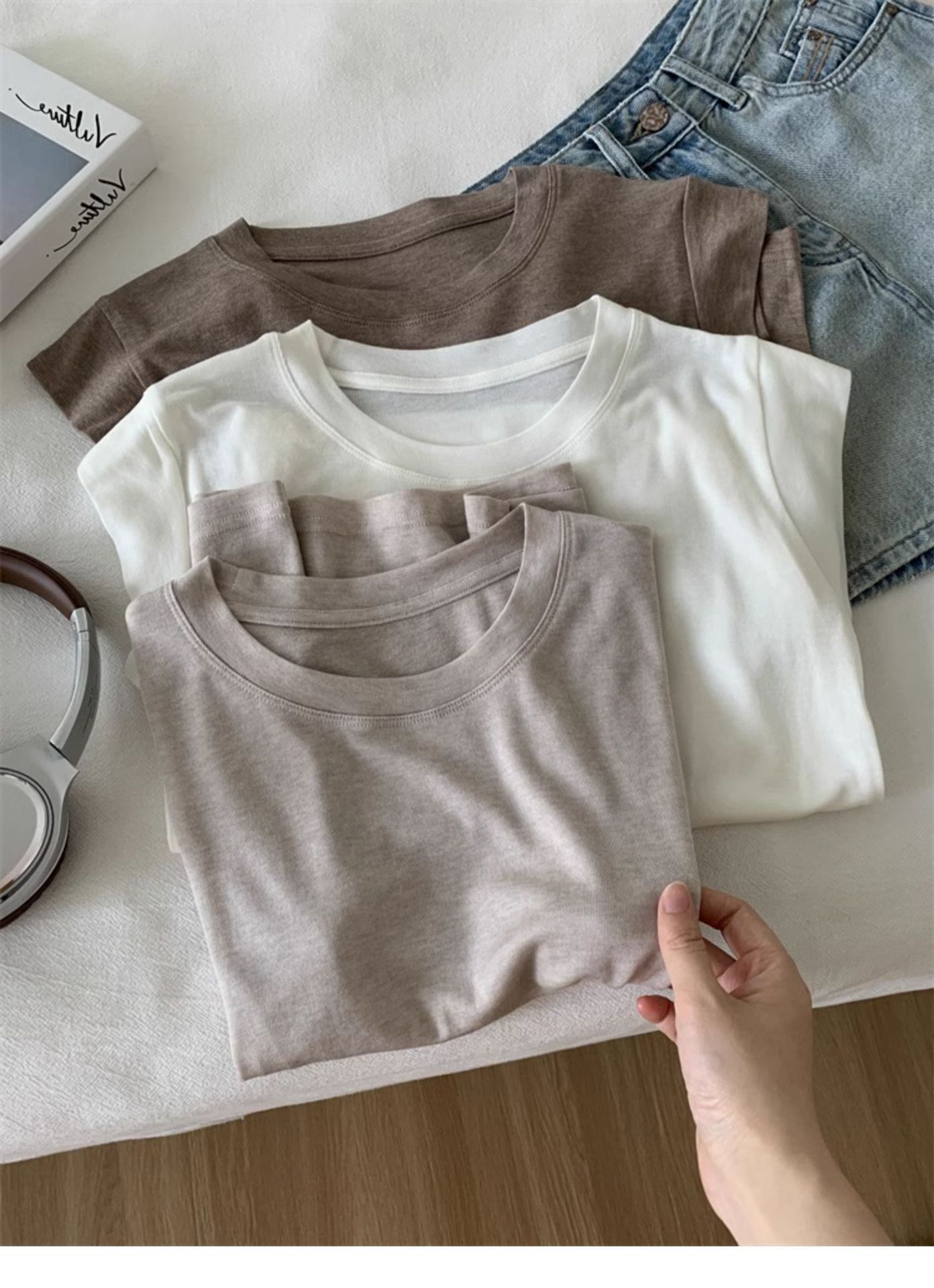 Oatmeal Round Neck Cotton Sleeveless T-Shirt for Women