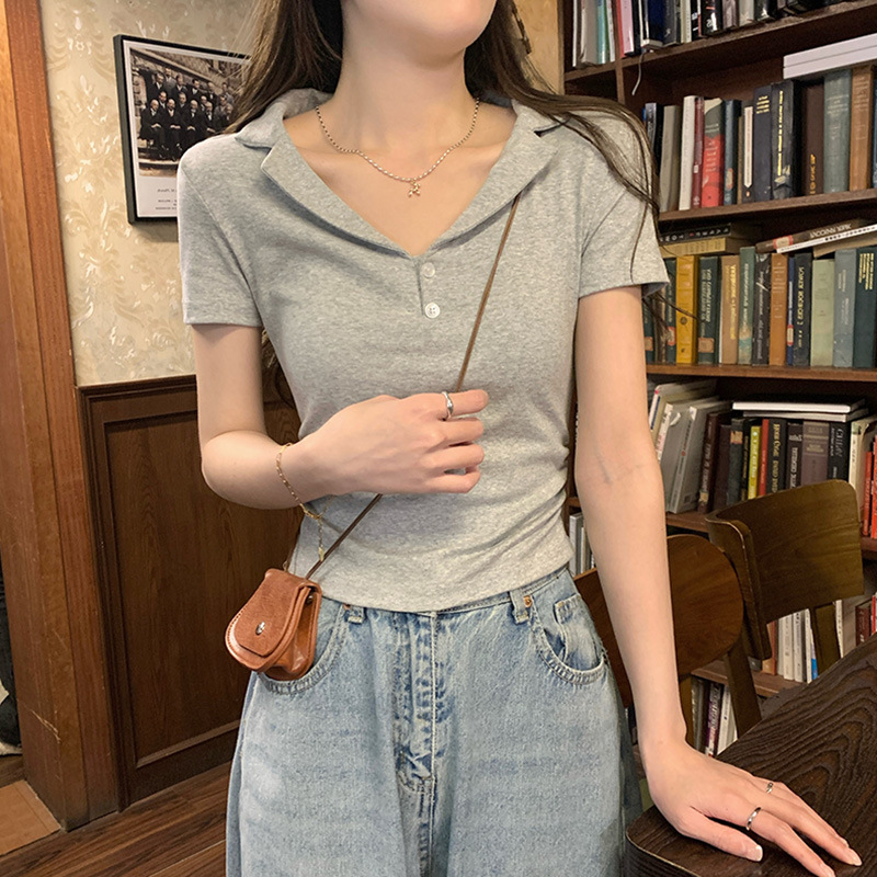 Pure White Collar-Exposed Short Sleeve T-Shirt for Women's Summer 2024 New Style