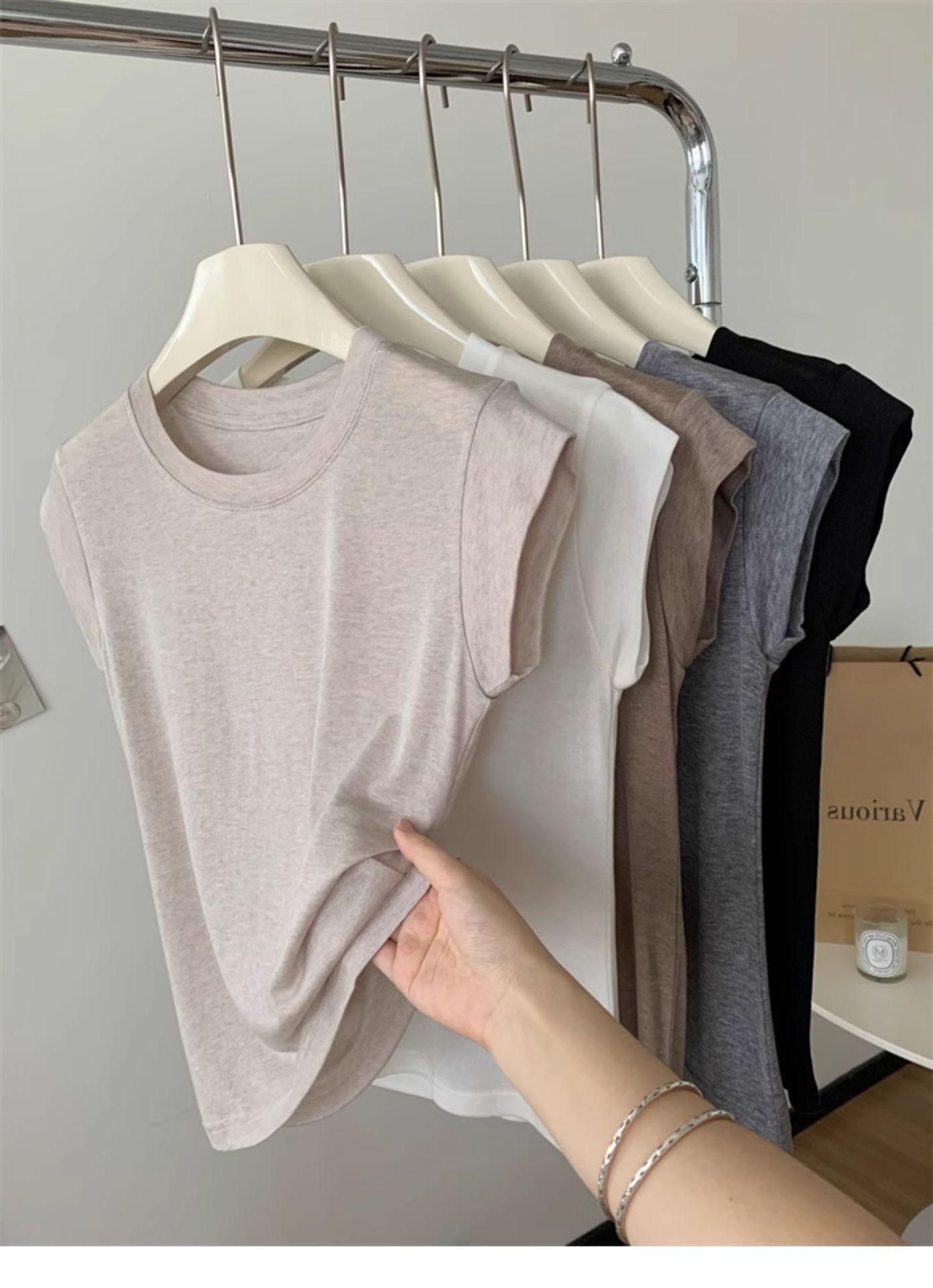 Oatmeal Round Neck Cotton Sleeveless T-Shirt for Women