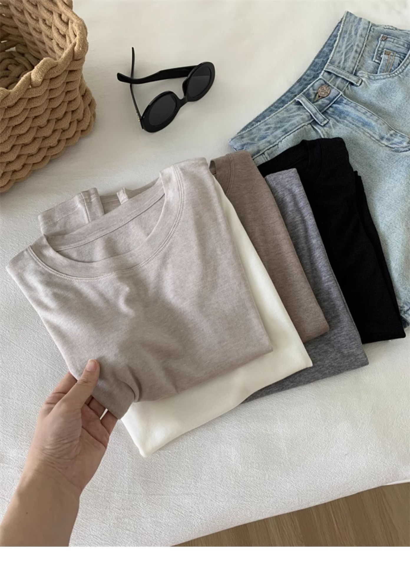 Oatmeal Round Neck Cotton Sleeveless T-Shirt for Women