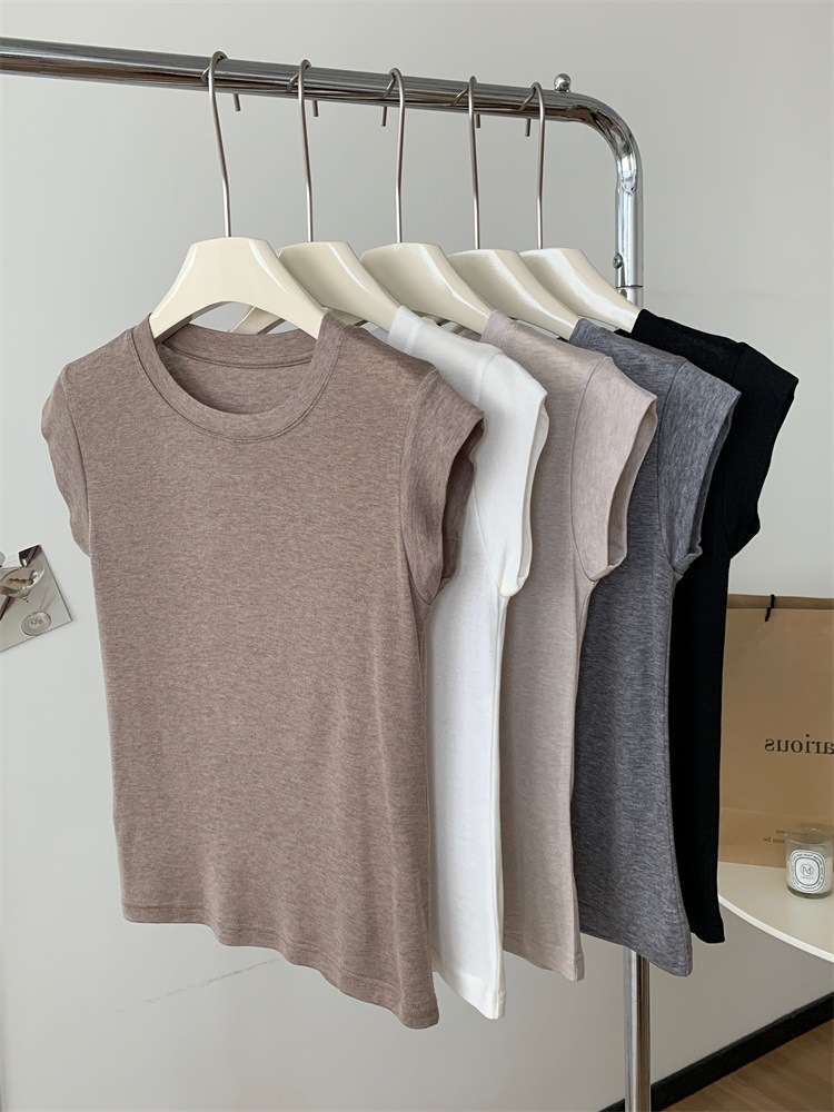 Oatmeal Round Neck Cotton Sleeveless T-Shirt for Women