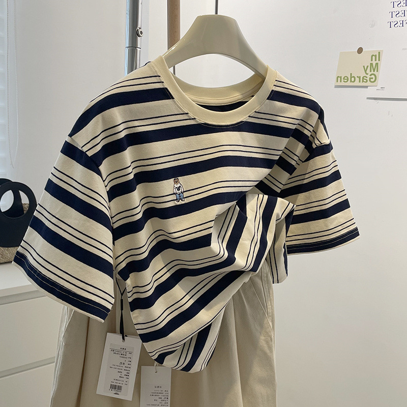 Summer Striped Embroidered Bear Loose Cozy Cotton Round Neck Top