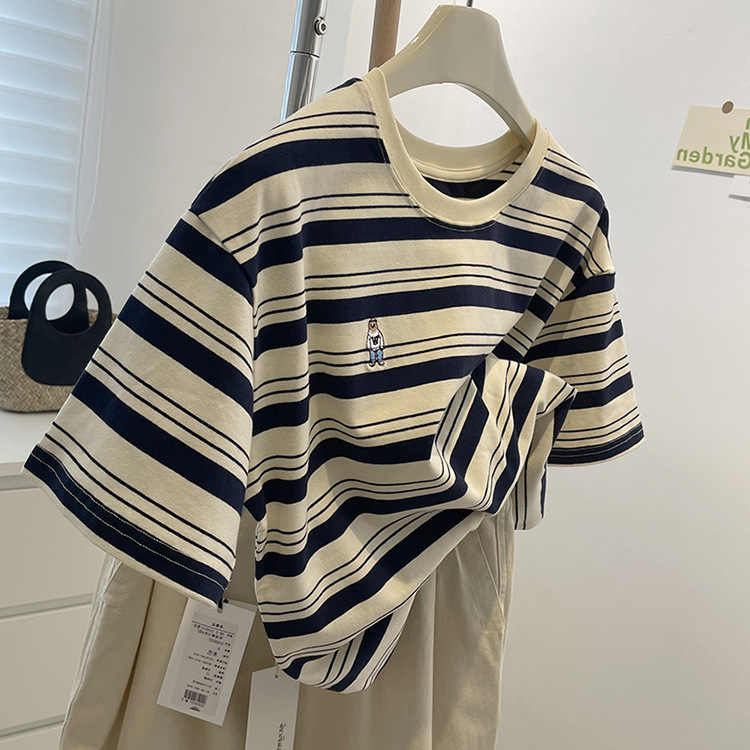 Summer Striped Embroidered Bear Loose Cozy Cotton Round Neck Top