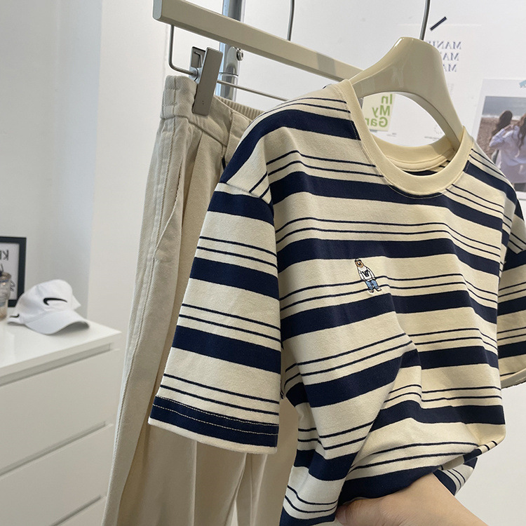 Summer Striped Embroidered Bear Loose Cozy Cotton Round Neck Top