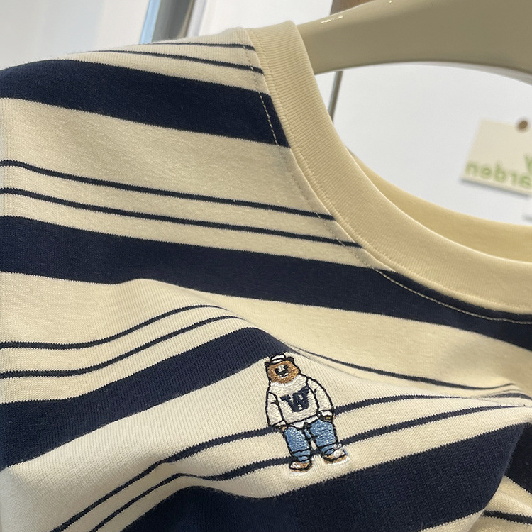 Summer Striped Embroidered Bear Loose Cozy Cotton Round Neck Top