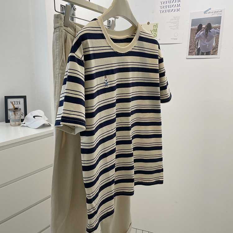 Summer Striped Embroidered Bear Loose Cozy Cotton Round Neck Top