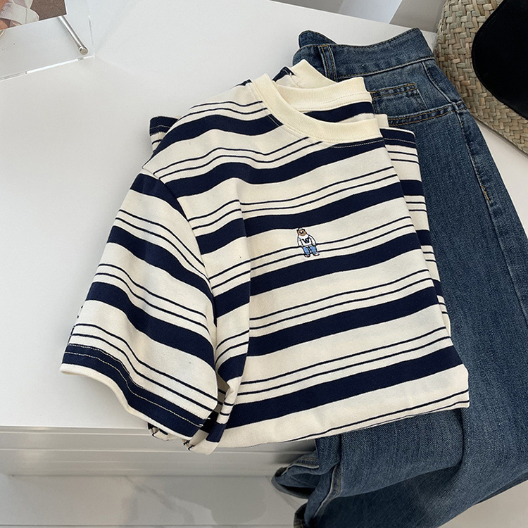 Summer Striped Embroidered Bear Loose Cozy Cotton Round Neck Top