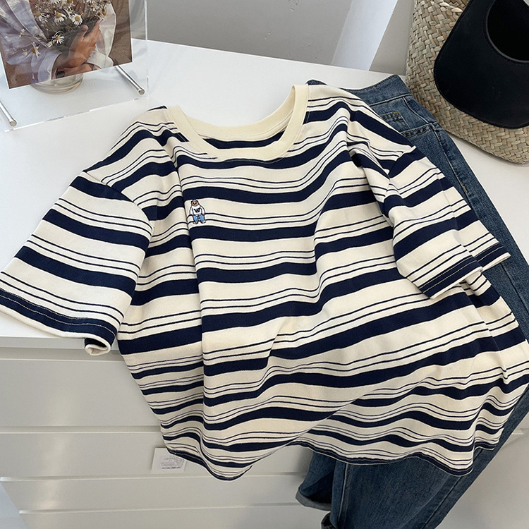 Summer Striped Embroidered Bear Loose Cozy Cotton Round Neck Top