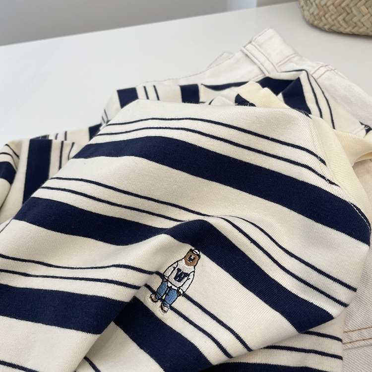 Summer Striped Embroidered Bear Loose Cozy Cotton Round Neck Top