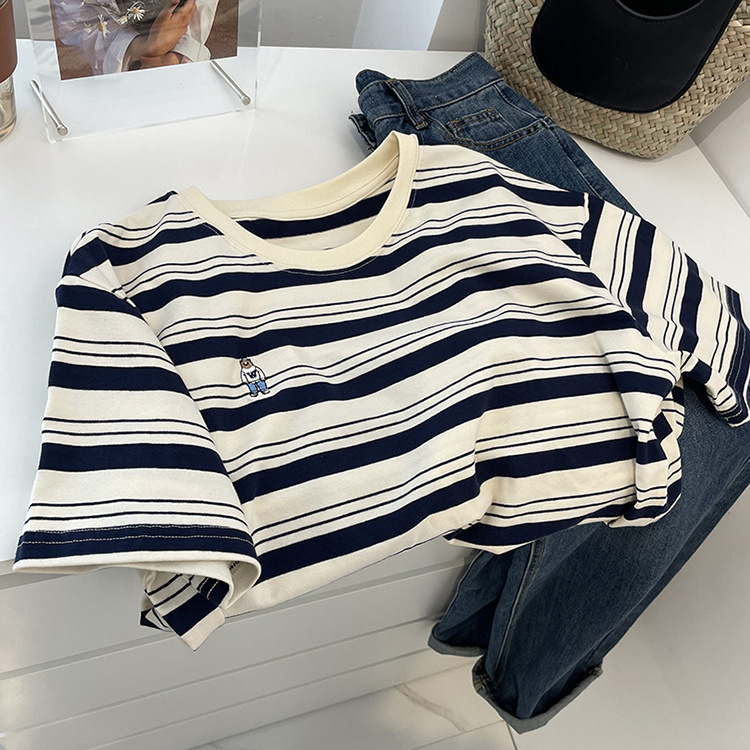 Summer Striped Embroidered Bear Loose Cozy Cotton Round Neck Top