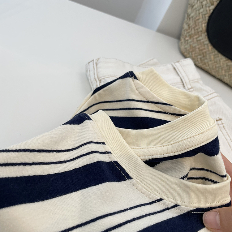 Summer Striped Embroidered Bear Loose Cozy Cotton Round Neck Top