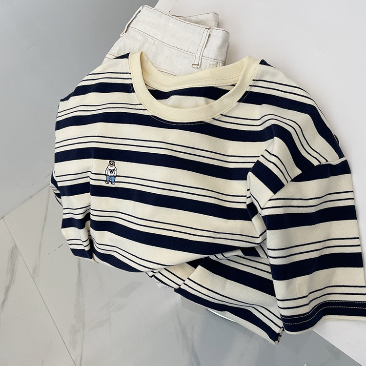 Summer Striped Embroidered Bear Loose Cozy Cotton Round Neck Top