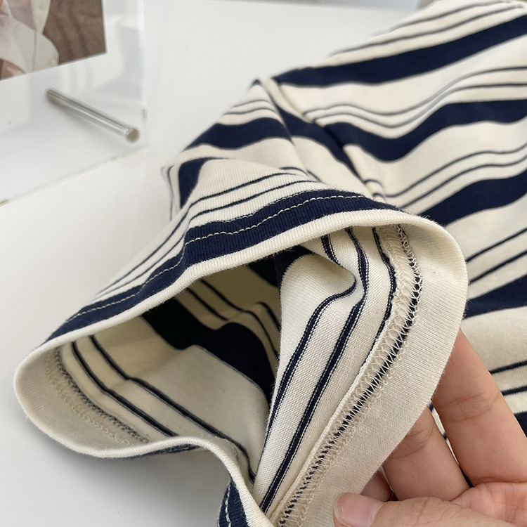 Summer Striped Embroidered Bear Loose Cozy Cotton Round Neck Top