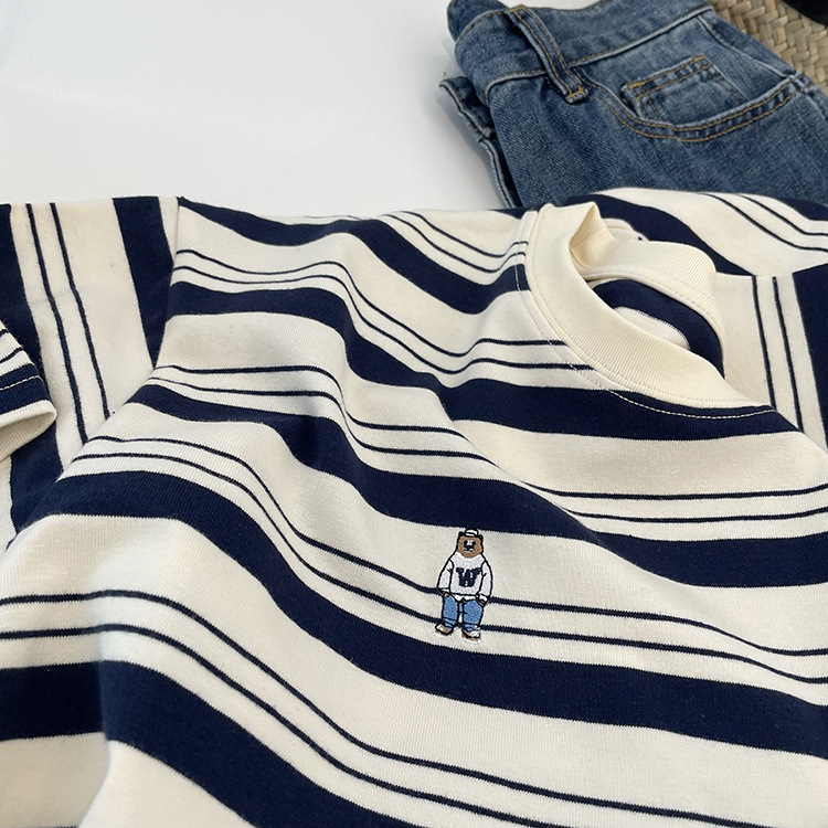 Summer Striped Embroidered Bear Loose Cozy Cotton Round Neck Top