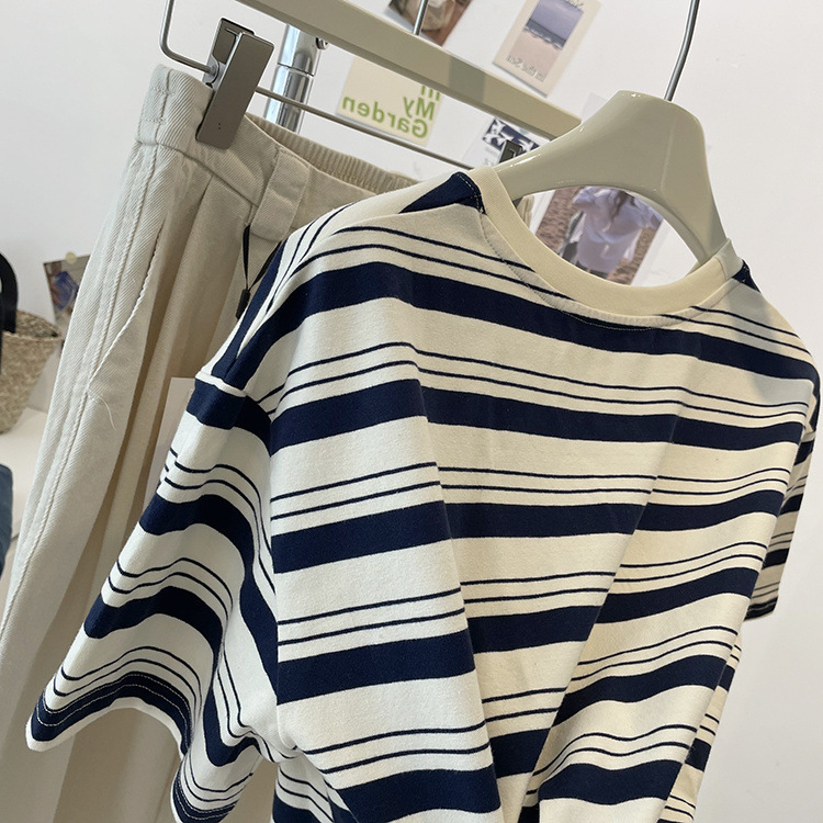 Summer Striped Embroidered Bear Loose Cozy Cotton Round Neck Top