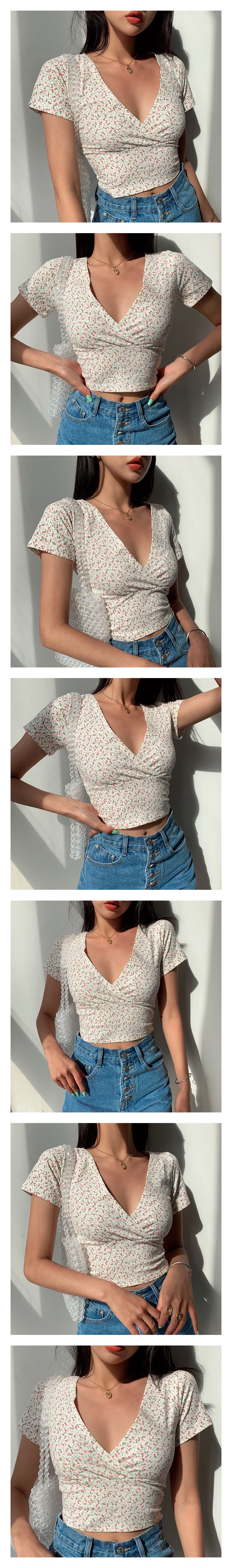 Vintage Floral Cross V-neck Crop Top T-shirt