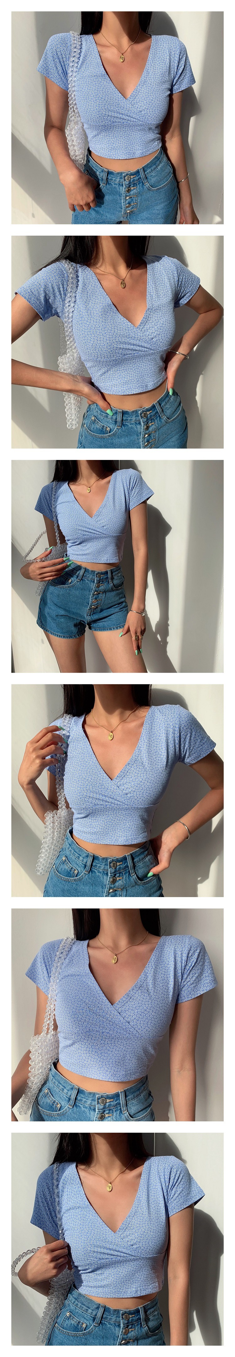 Vintage Floral Cross V-neck Crop Top T-shirt