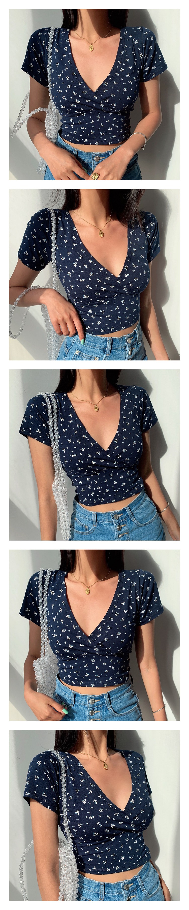 Vintage Floral Cross V-neck Crop Top T-shirt
