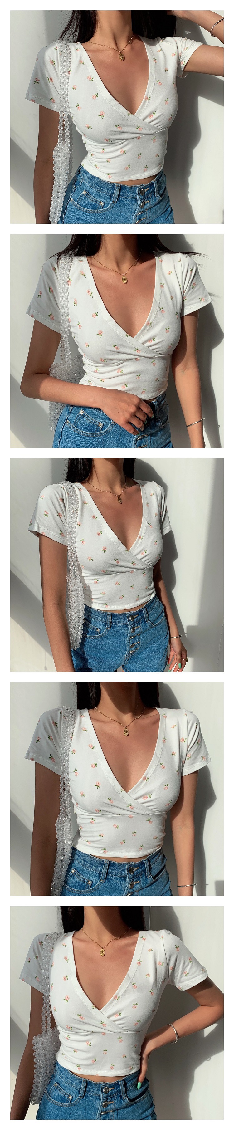 Vintage Floral Cross V-neck Crop Top T-shirt