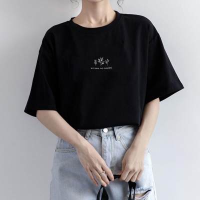 短袖韩版圆领t恤女夏季宽松植物印花休闲纯色火学生半袖上衣代发