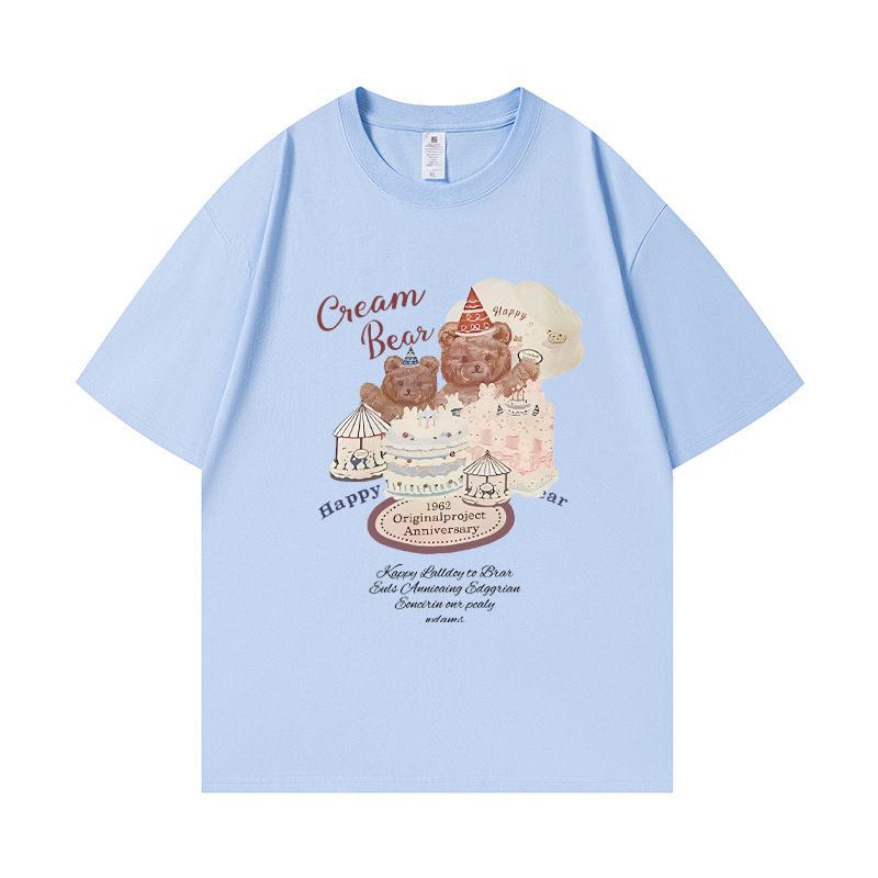 Chic Cream Short-Sleeve T-Shirt with Bear Print for Women