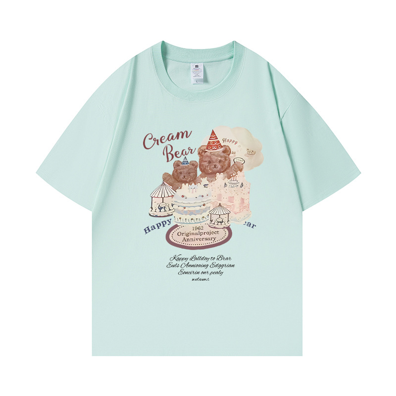 Chic Cream Short-Sleeve T-Shirt with Bear Print for Women