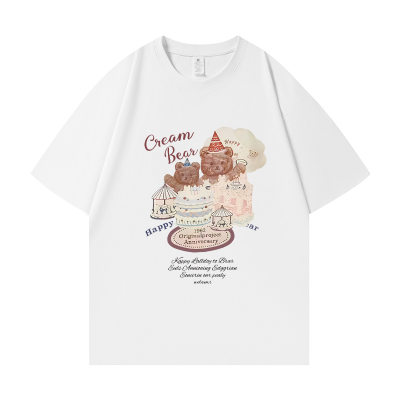 Chic Cream Short-Sleeve T-Shirt with Bear Print for Women