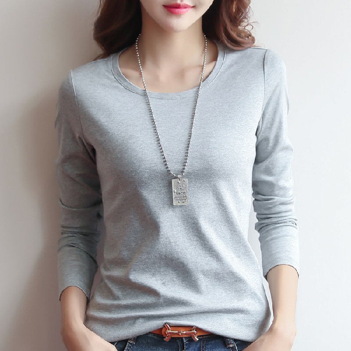 Round Neck Solid Long Sleeve Women's T-Shirt Slim Fit Basic Top