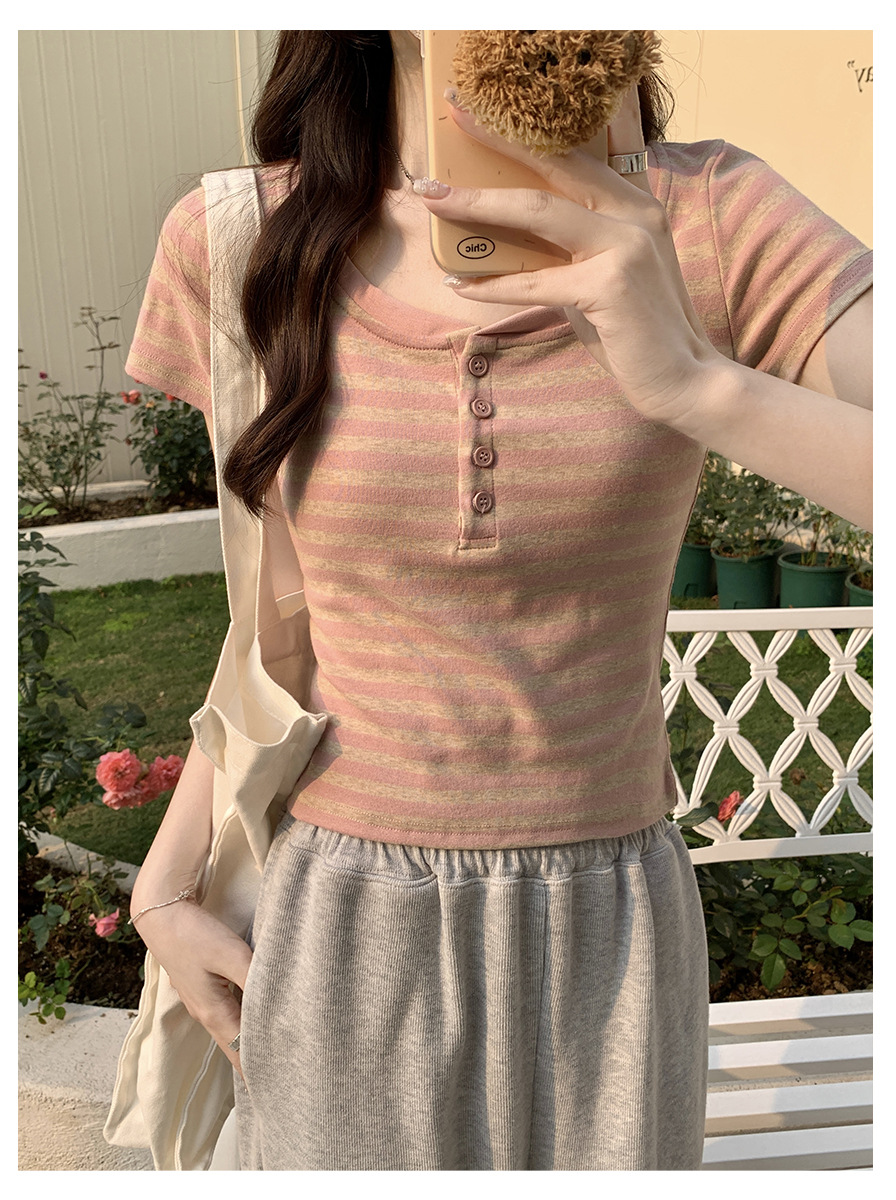 Vintage Striped Contrast Color Shoulder T-Shirt for Women