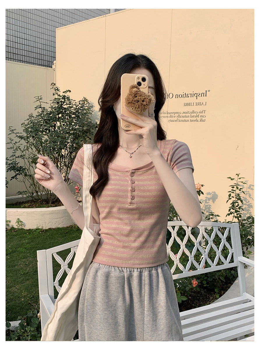 Vintage Striped Contrast Color Shoulder T-Shirt for Women