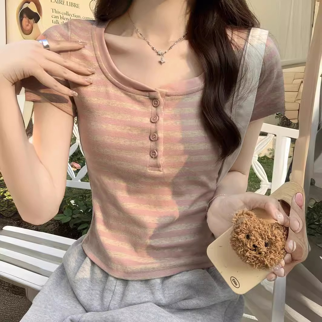 Vintage Striped Contrast Color Shoulder T-Shirt for Women