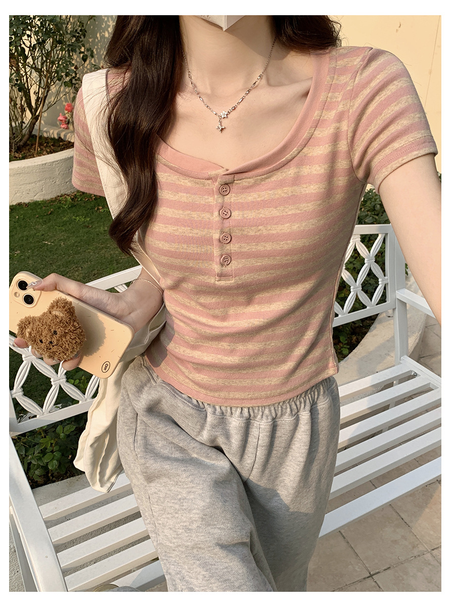 Vintage Striped Contrast Color Shoulder T-Shirt for Women