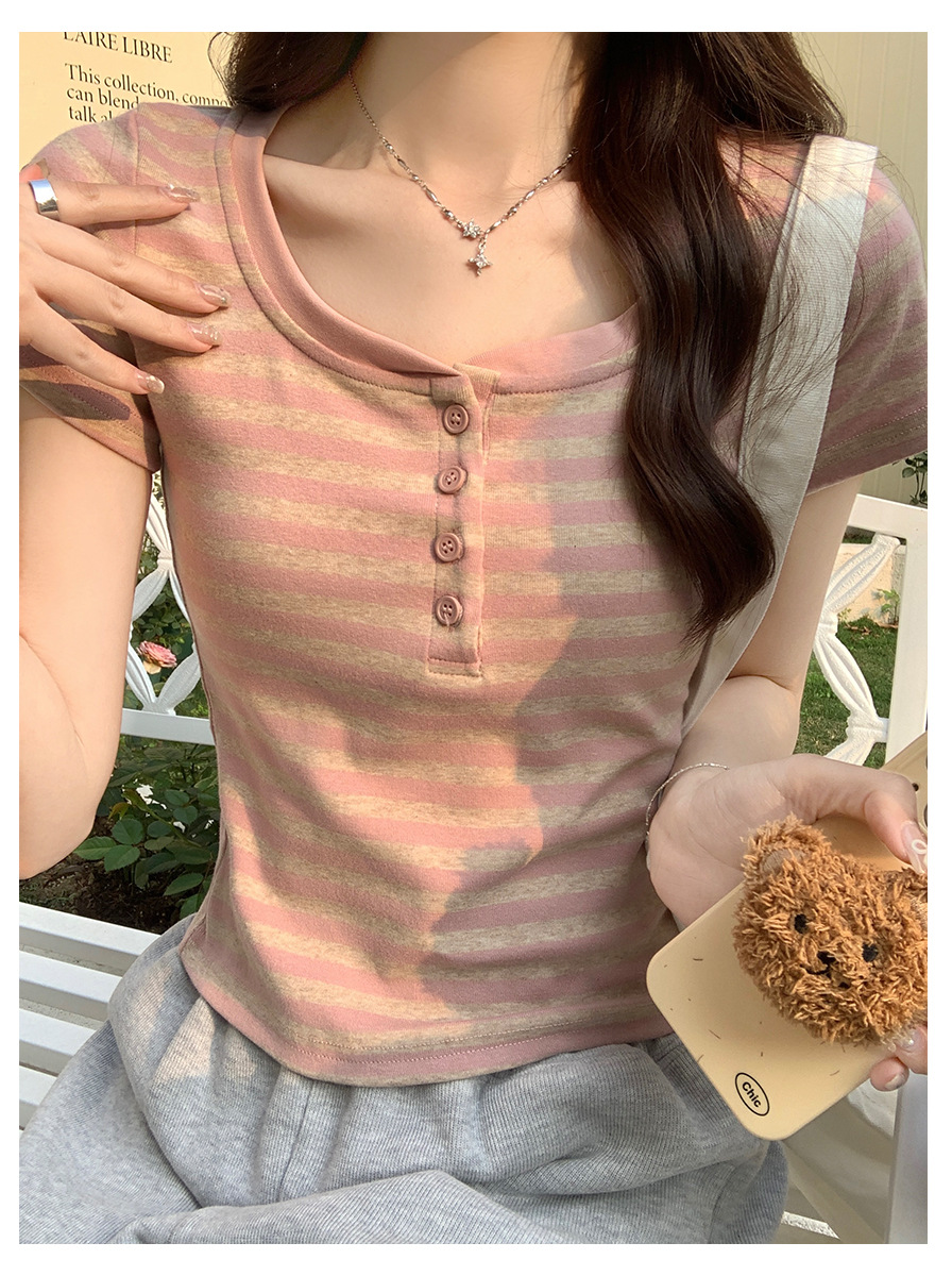Vintage Striped Contrast Color Shoulder T-Shirt for Women