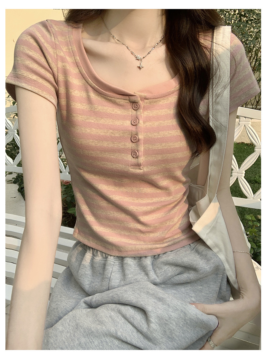 Vintage Striped Contrast Color Shoulder T-Shirt for Women