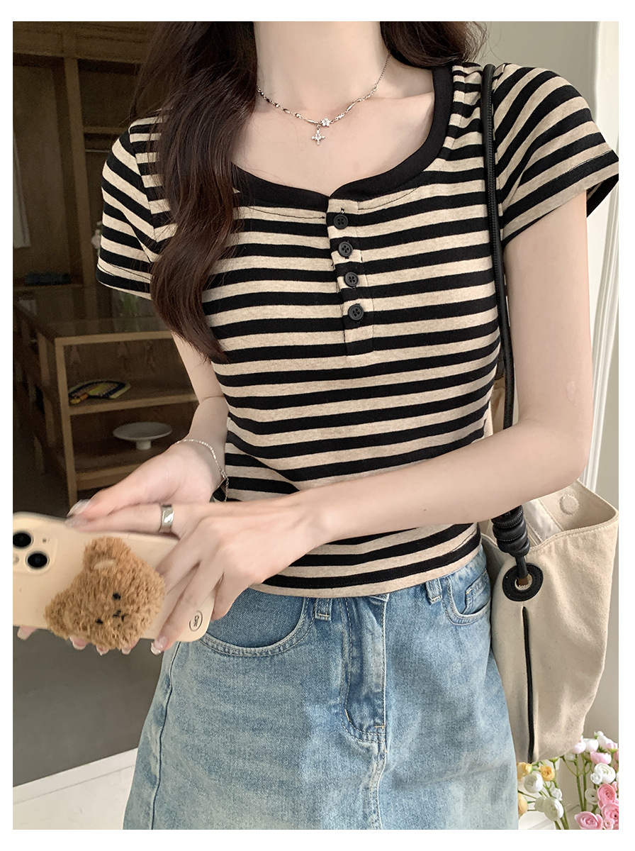 Vintage Striped Contrast Color Shoulder T-Shirt for Women